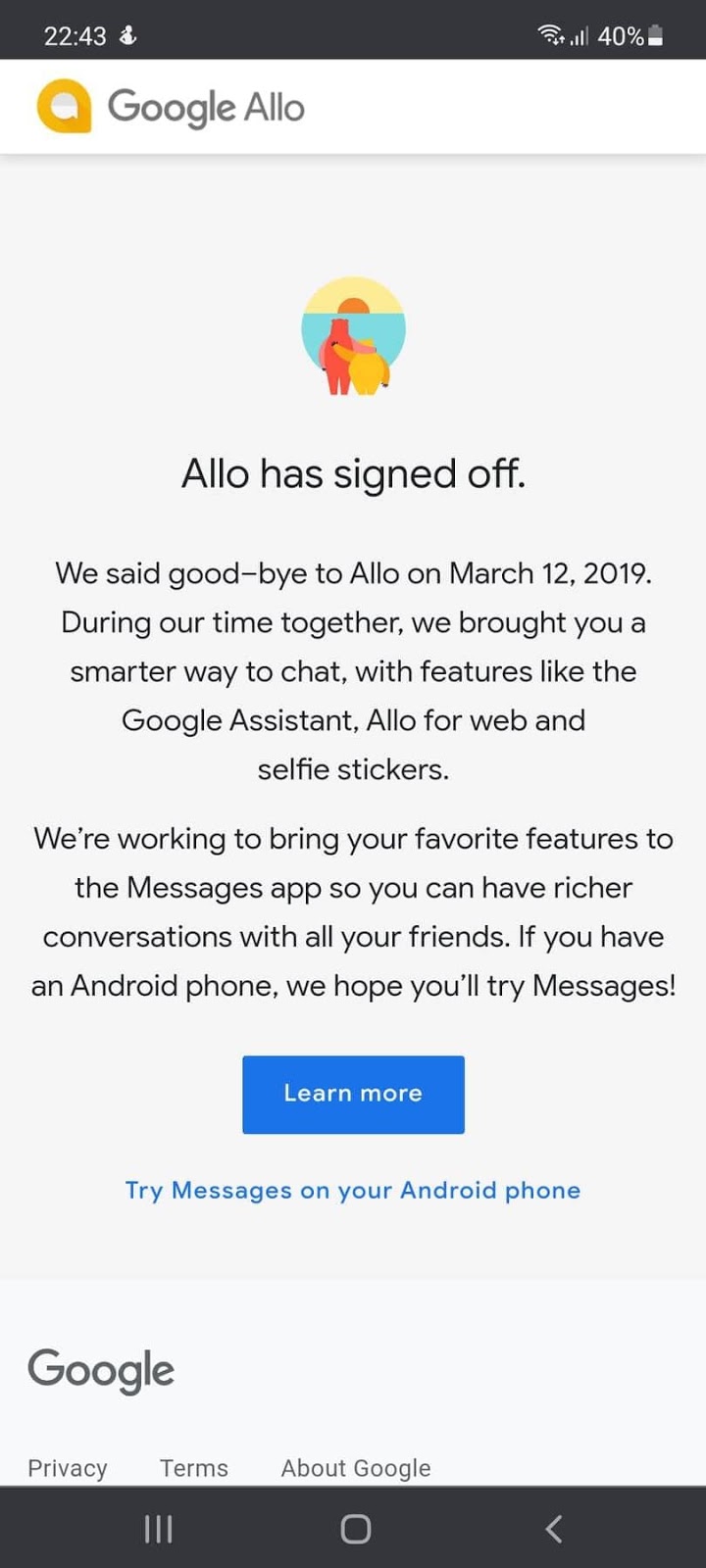 Google Allo shut down message