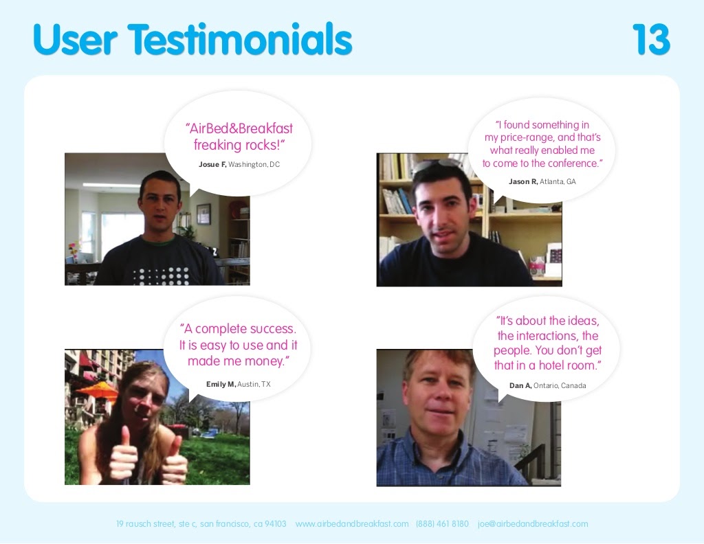 Airbnb Pitch Deck User Testimonials Slide