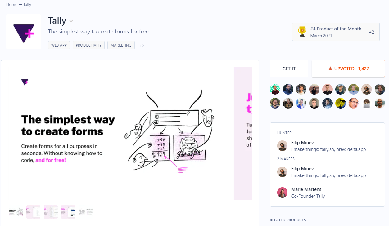 Tally Product Hunt Launch