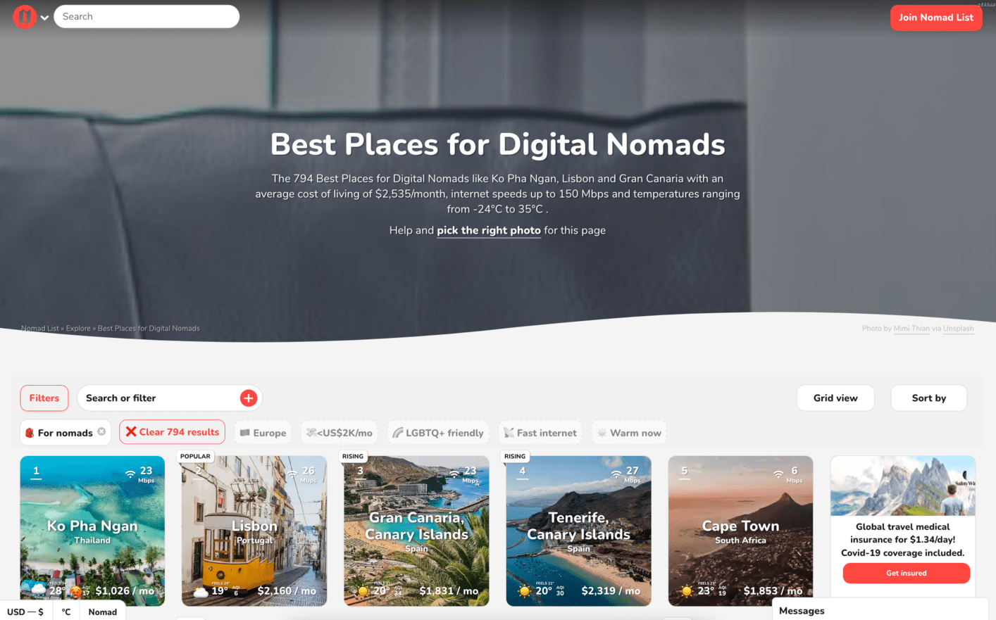 NomadList's best places page