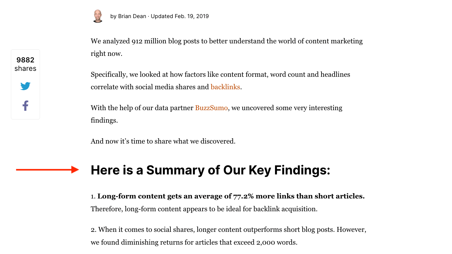 Backlinko's key findings section